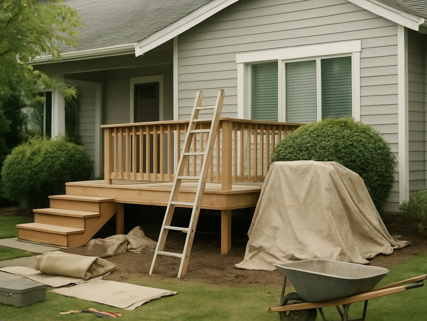 A backyard deck under construction sits beside a house, with a ladder, covered equipment, and a wheelbarrow nearby