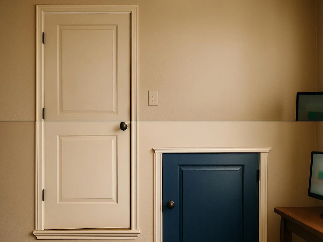 A beige wall shows a white door, a small blue cabinet door, and part of a desk with monitors