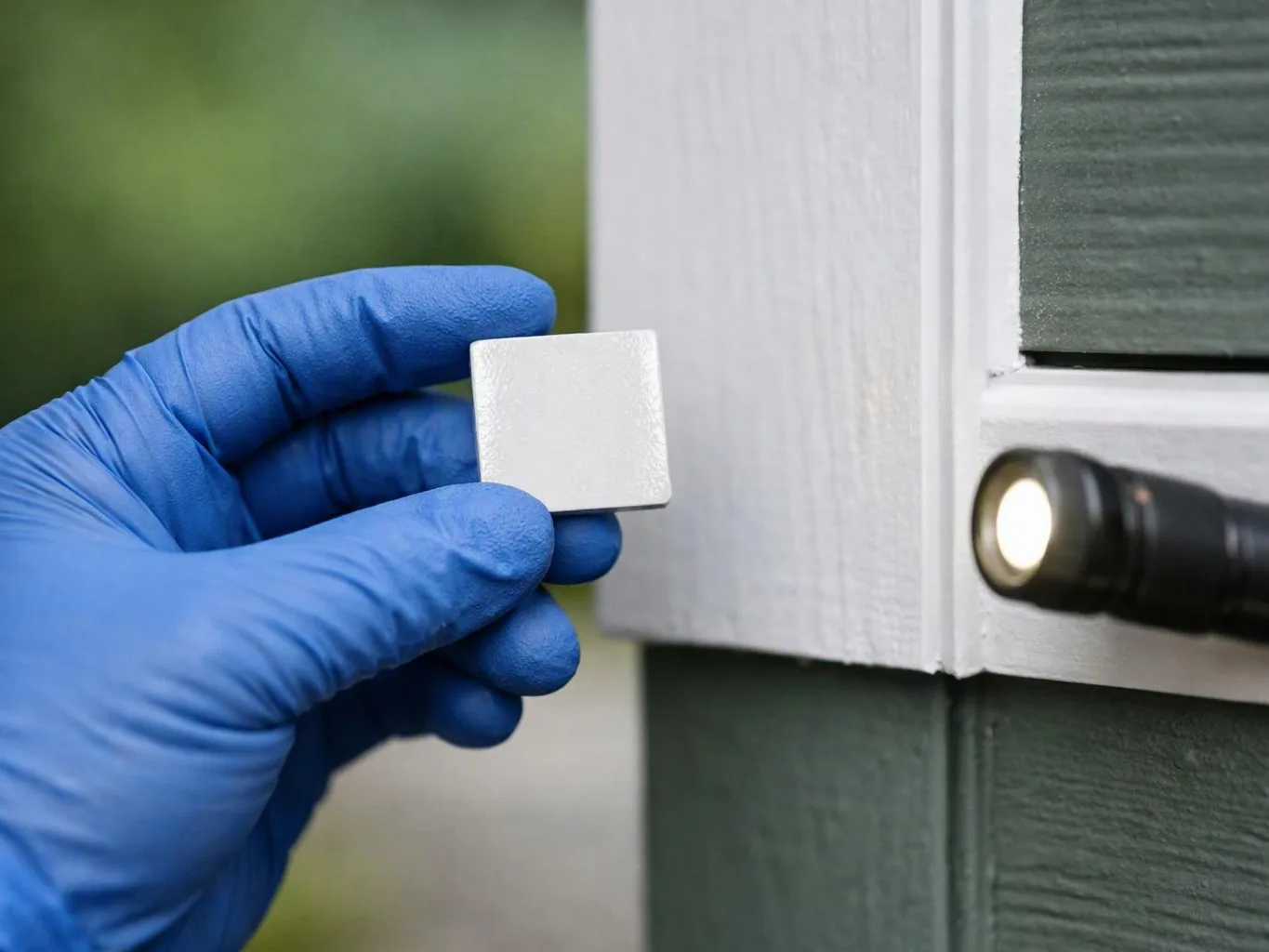 A blue-gloved hand holds a small white square beside a house corner and a flashlight clip