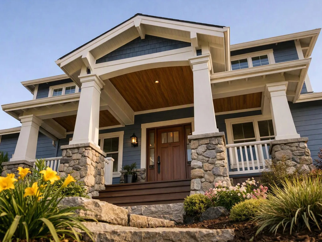 A blue house with stone columns and a wooden front door sits behind flowers and a front porch