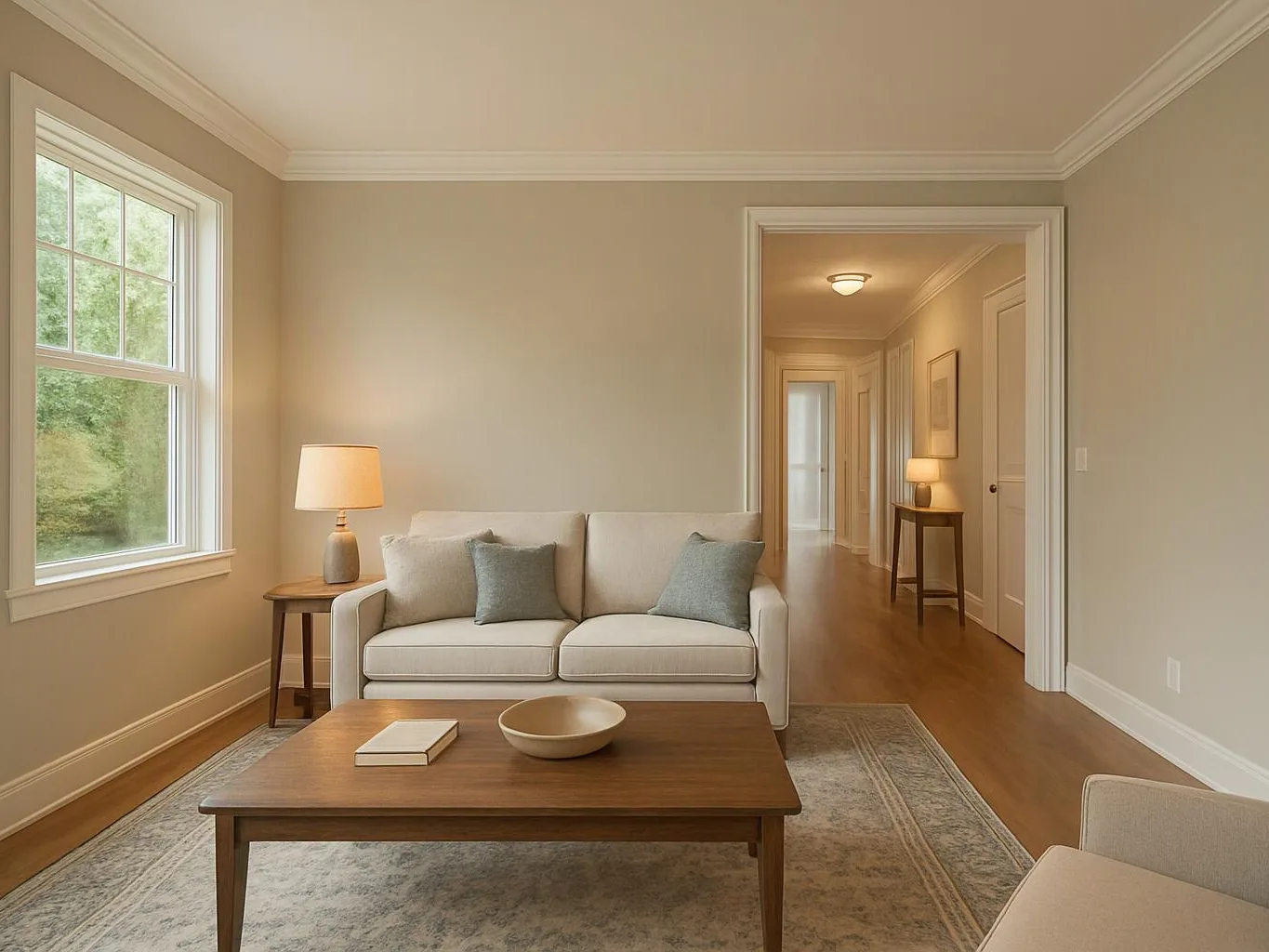 A bright living room shows a beige sofa, wooden coffee table, lit lamp, and hallway beyond
