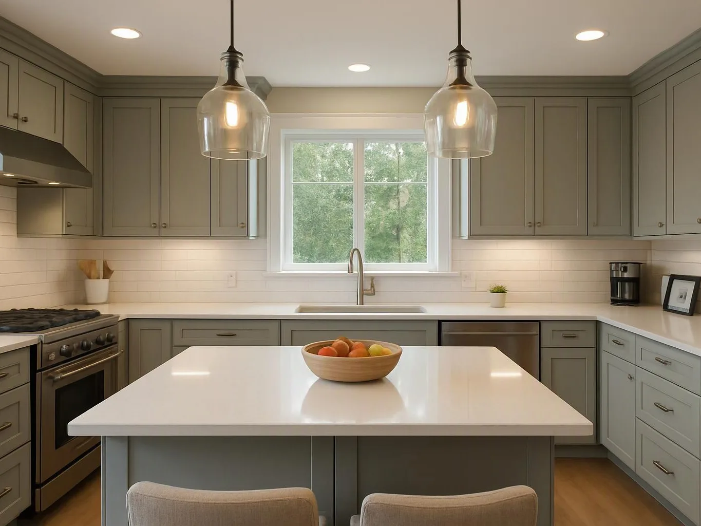 A bright modern kitchen shows gray cabinets, a white island with fruit bowl, and two glass pendant lights