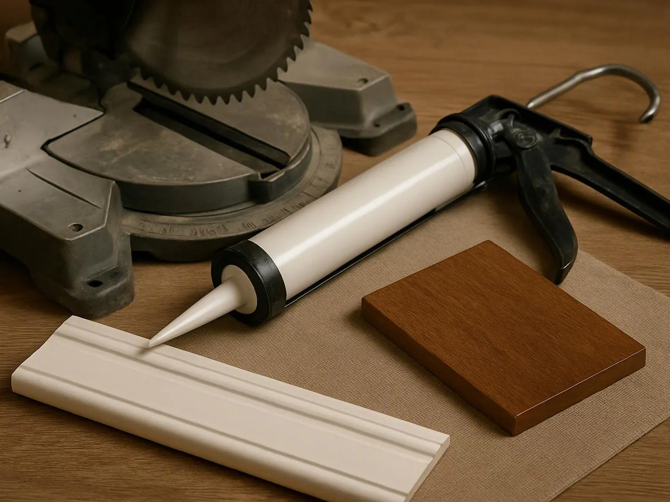 A caulking gun and miter saw sit beside molding, a wood sample, and a fabric swatch on a table