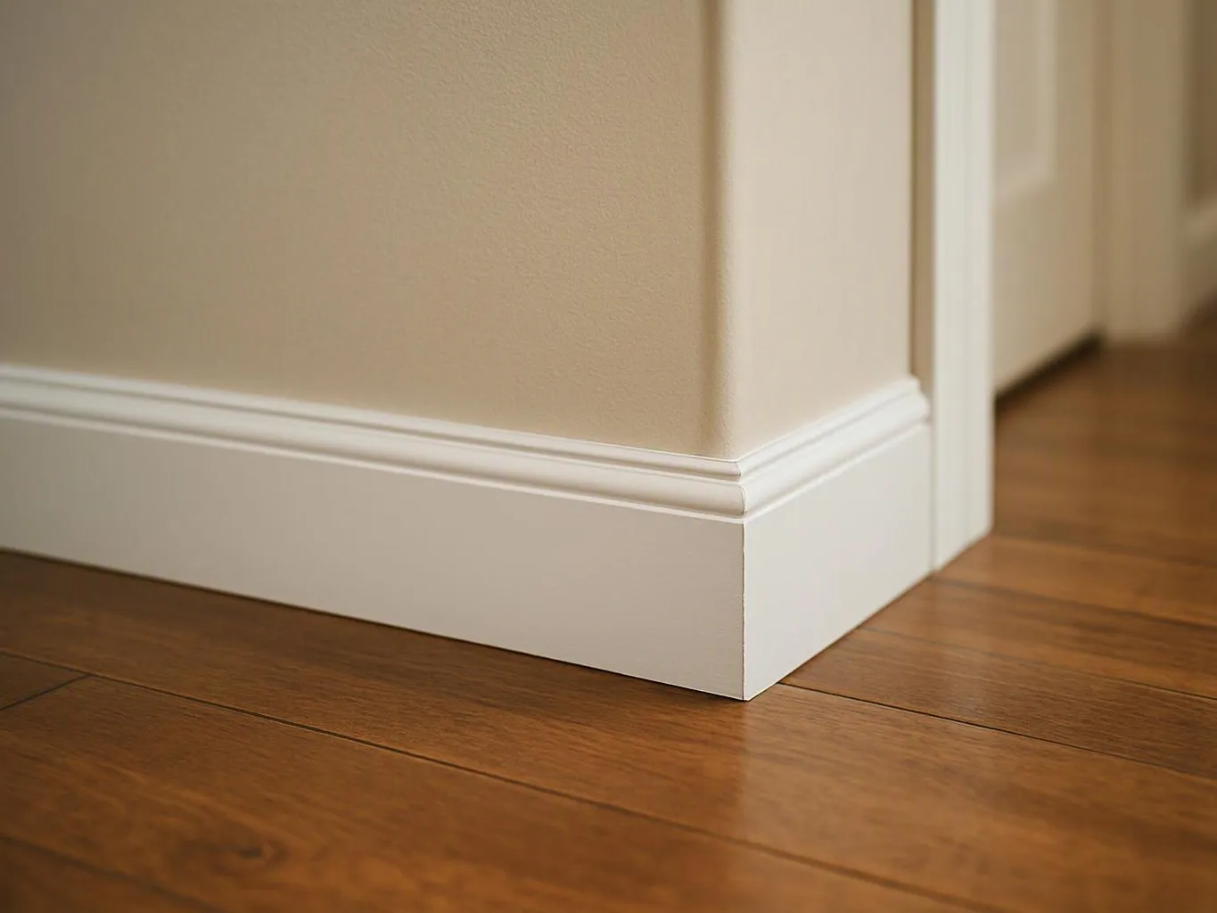 Close-up of a beige wall corner with white baseboards above a polished hardwood floor