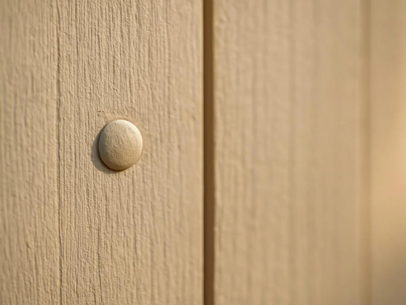 A close-up of a beige wooden surface shows a small round button beside a vertical seam