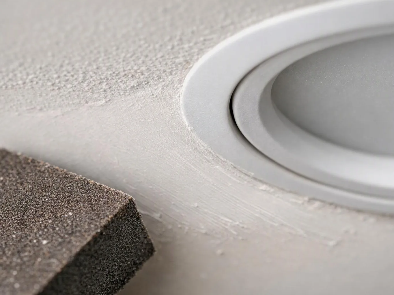 Close-up of a recessed white ceiling light beside a rough dark foam block