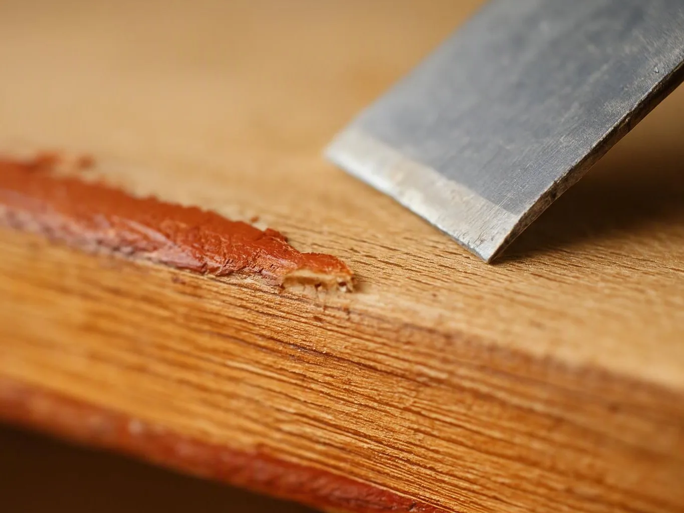 A close-up shows a metal chisel scraping dried reddish wood glue from a wooden surface
