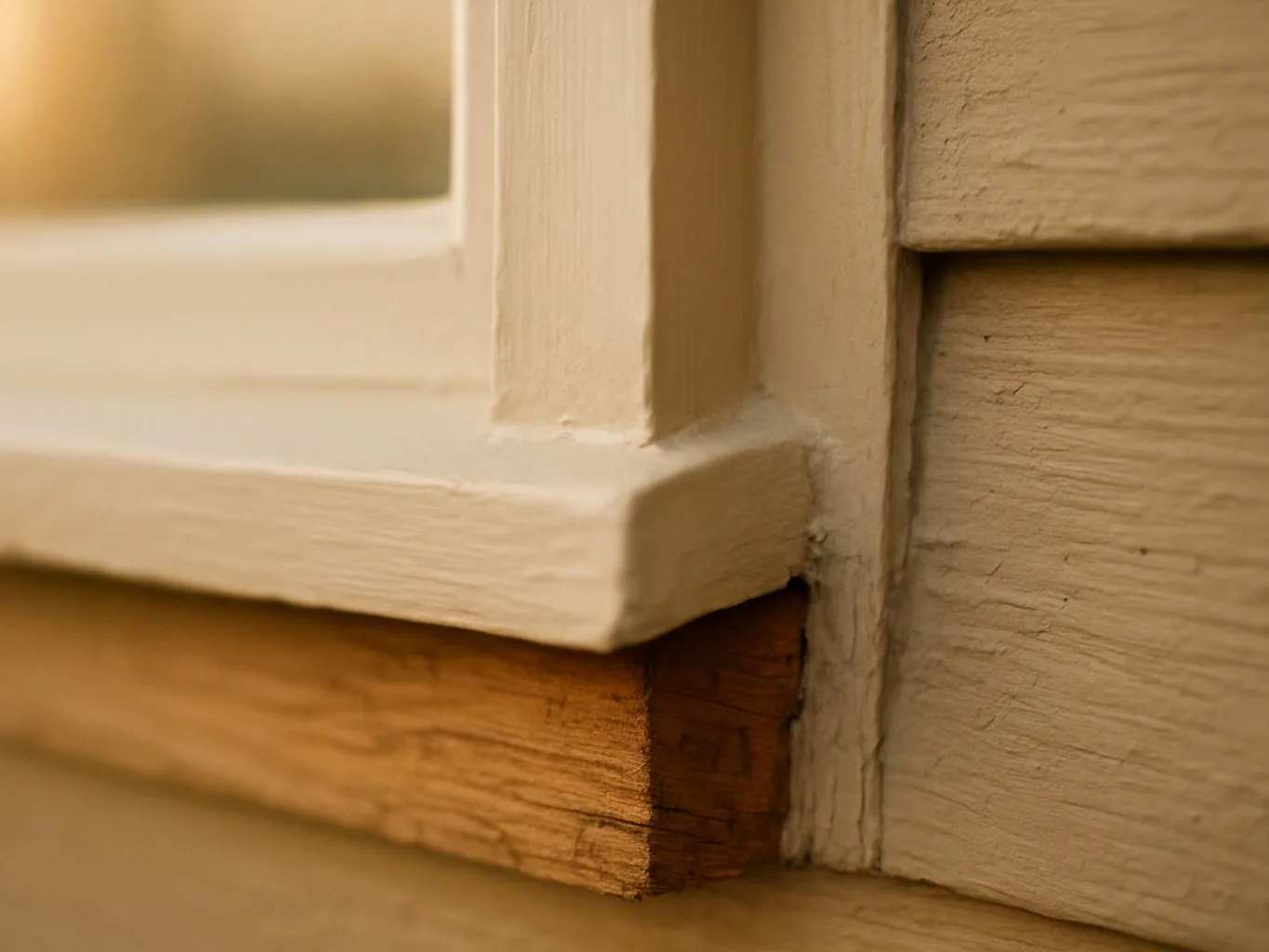 Close-up of a white window frame meeting weathered wood siding and trim at the corner