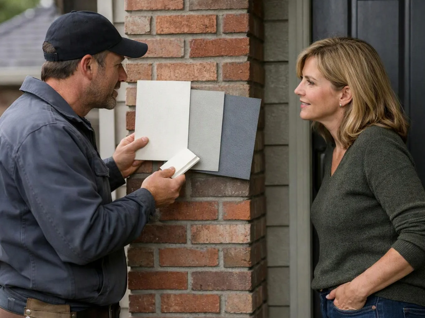A contractor shows paint color swatches to a smiling woman beside a brick house entry