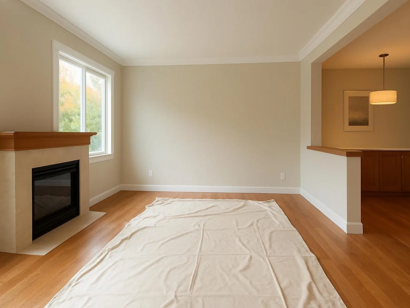 Empty living room with a fireplace, large window, and a cloth spread across the wood floor