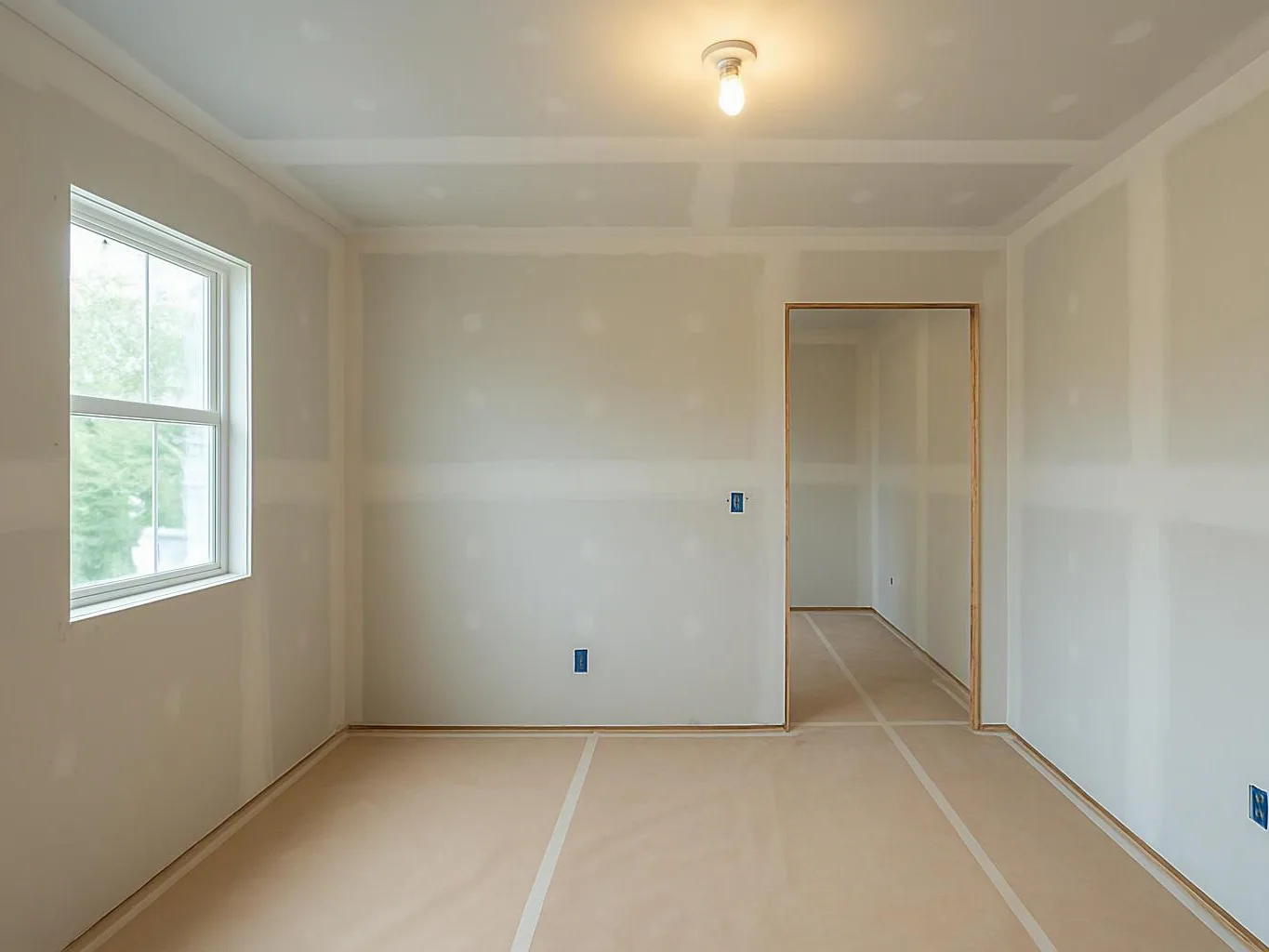 An empty room under construction has taped drywall, a lit ceiling bulb, a window, and an open doorway