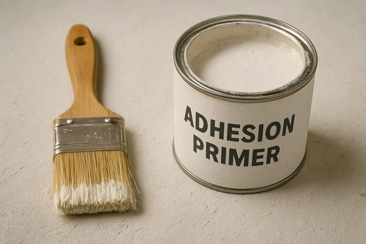 A paintbrush lies beside an open can labeled adhesion primer on a plain surface