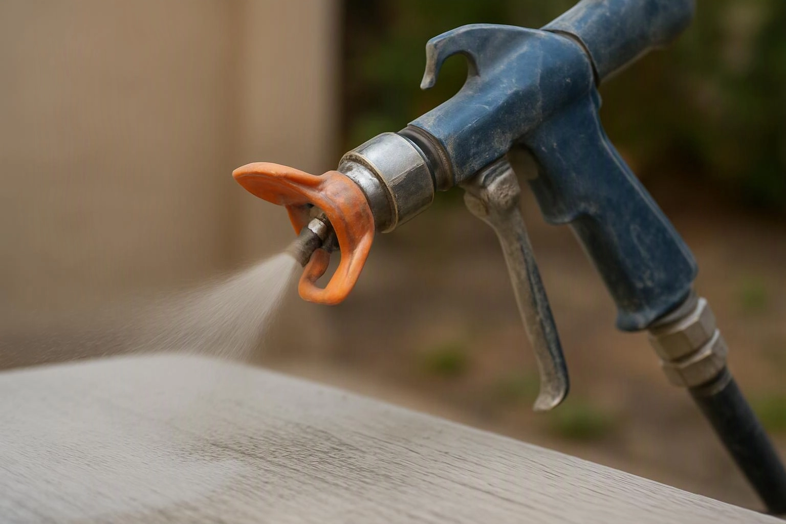 A blue spray gun mists liquid onto a curved surface outdoors