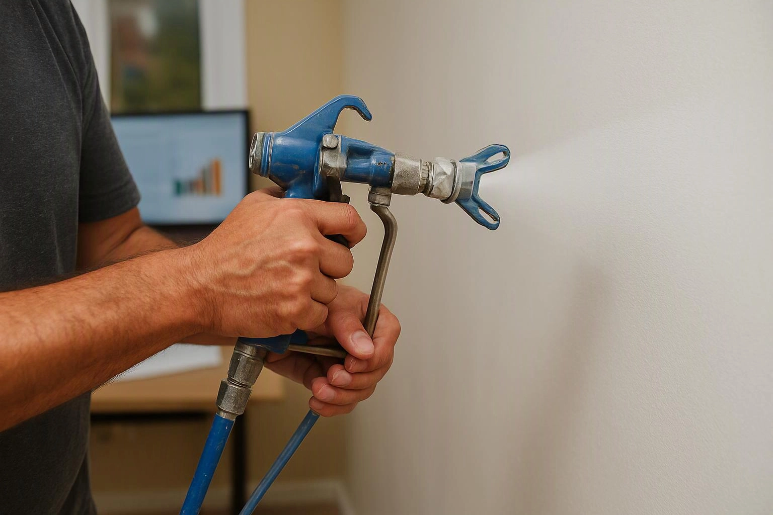 A person sprays white paint on a wall with a blue spray gun indoors