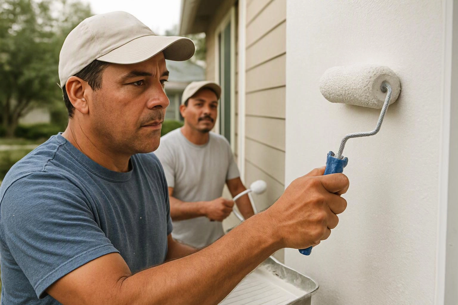 Two men paint a house exterior with rollers beside a window and siding