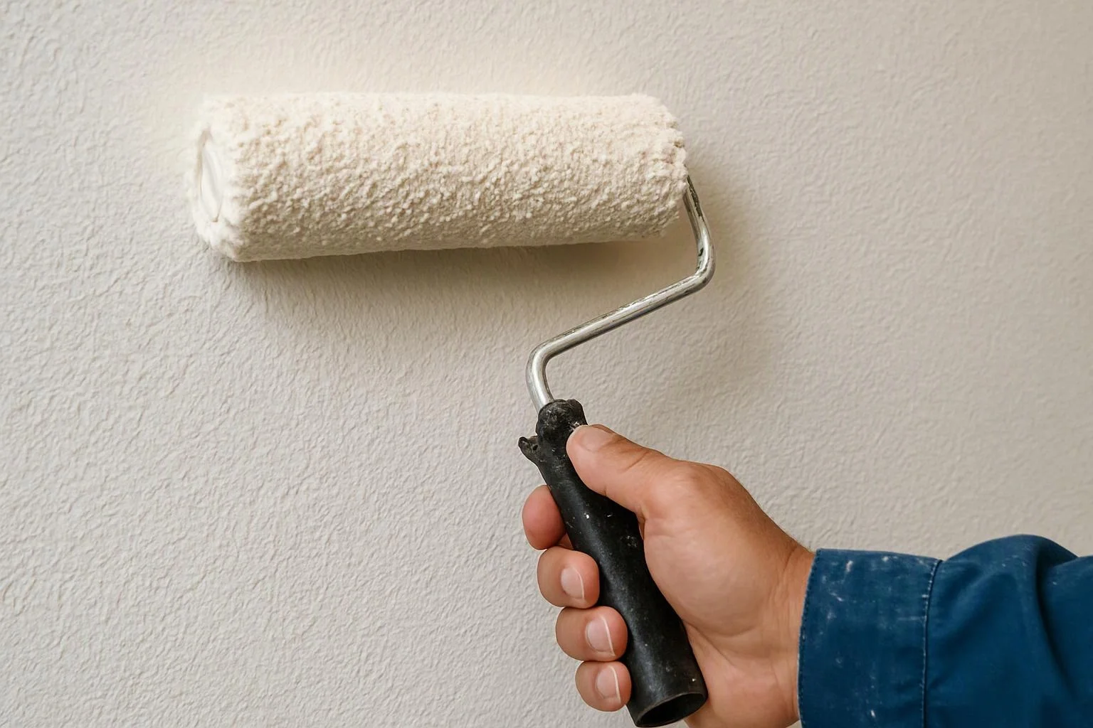A hand holds a paint roller against a white textured wall, spreading fresh paint