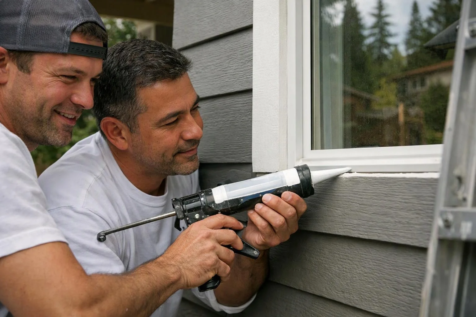Two men apply caulk around a white window frame on gray siding outdoors