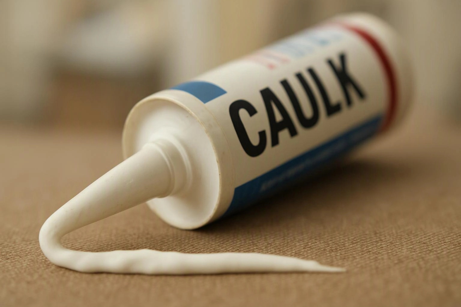 A white tube of caulk lies on a tan surface with white sealant squeezed out of the nozzle