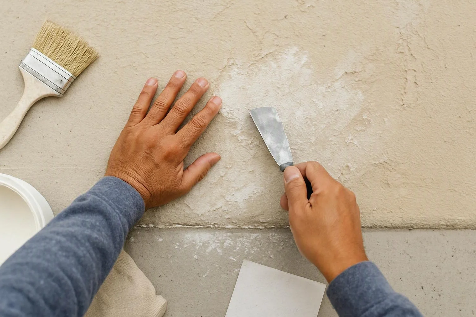 A person scrapes plaster from a wall with a putty knife beside a paintbrush and bucket