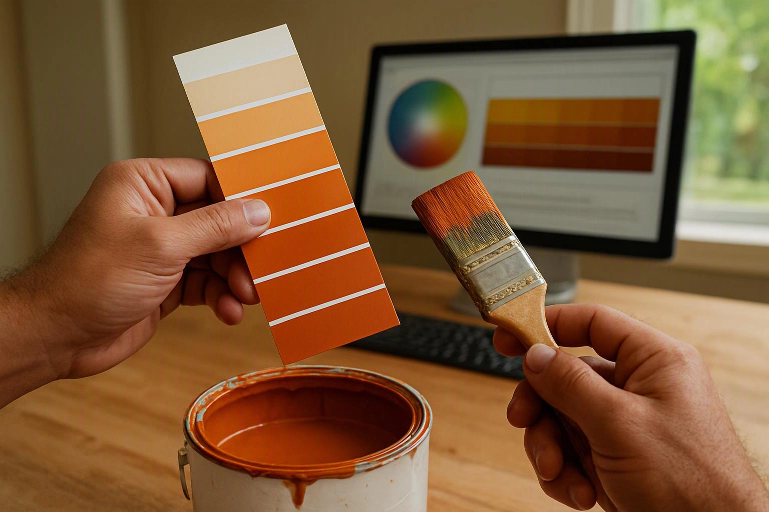 Hands compare orange paint swatches and a brush above an open paint can on a desk
