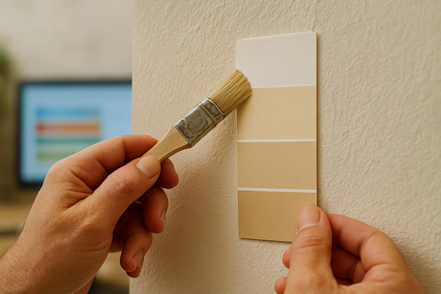 Hands hold a paintbrush and a beige color swatch against a textured wall indoors
