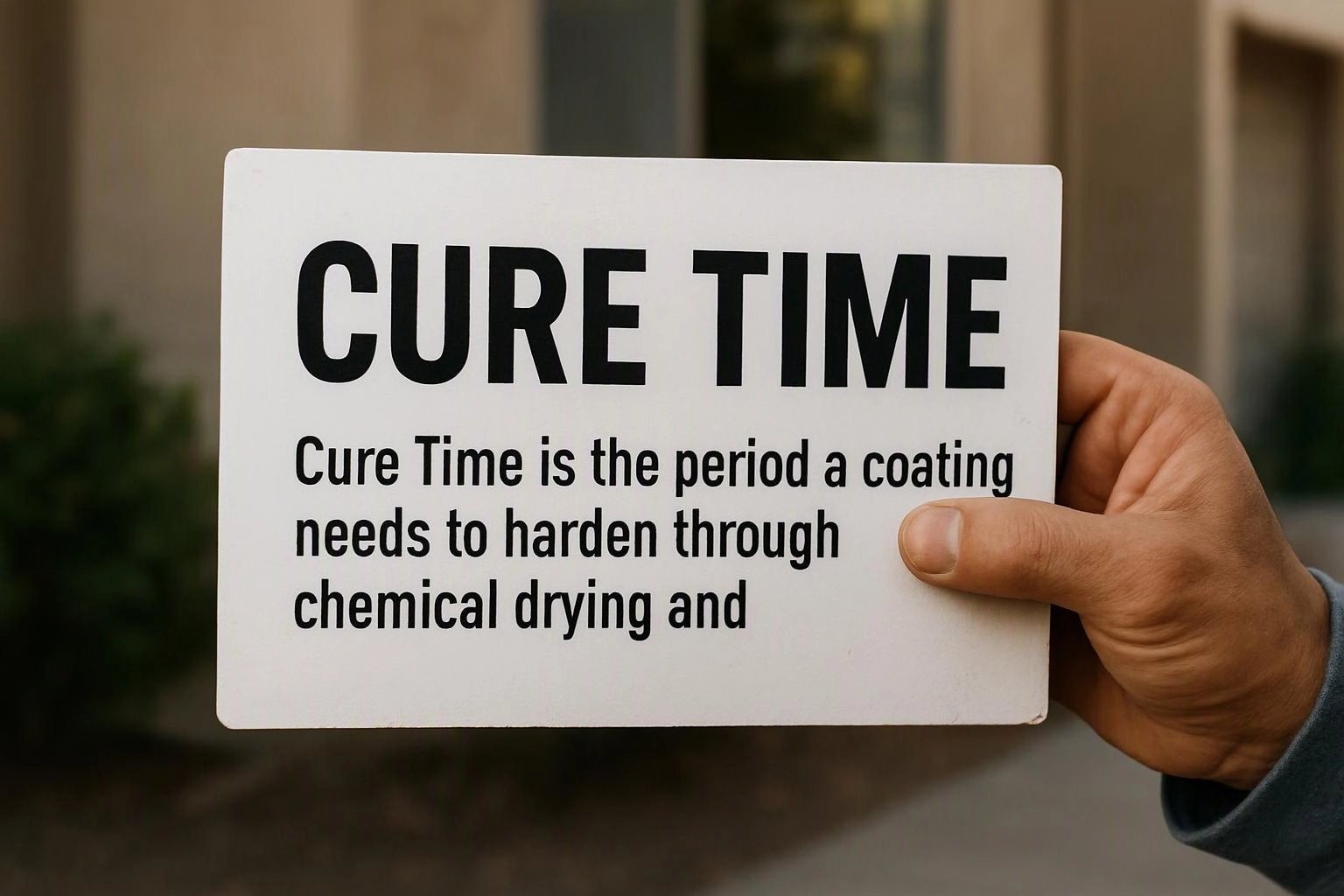 A hand holds a white card reading "CURE TIME" with smaller explanatory text outdoors