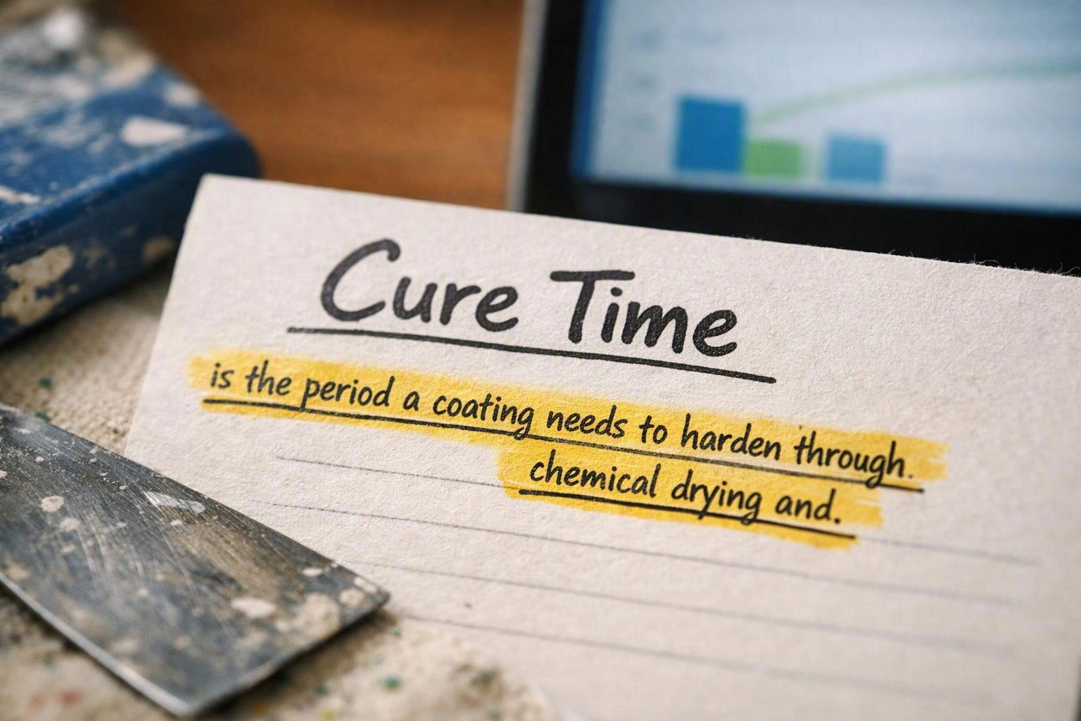 A handwritten note about cure time sits beside paint tools and a blurred screen with charts