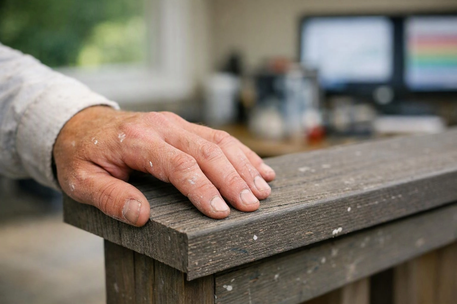 A paint-speckled hand rests on a weathered wooden beam in a blurred workshop