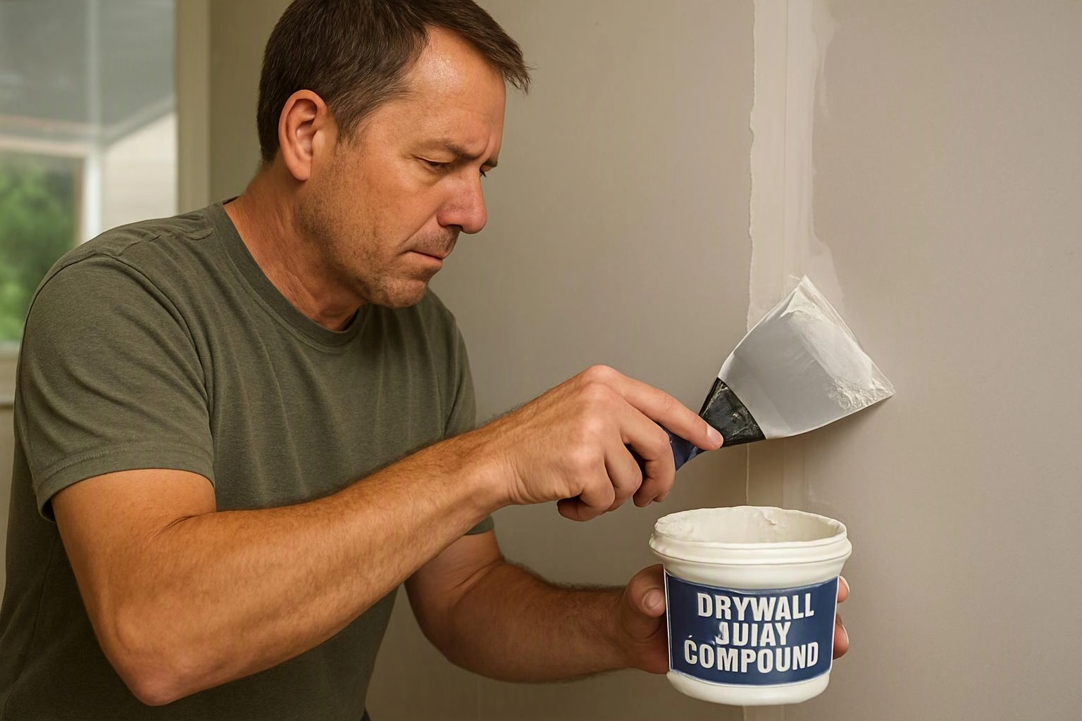 A man spreads drywall compound on a wall with a putty knife beside a white bucket