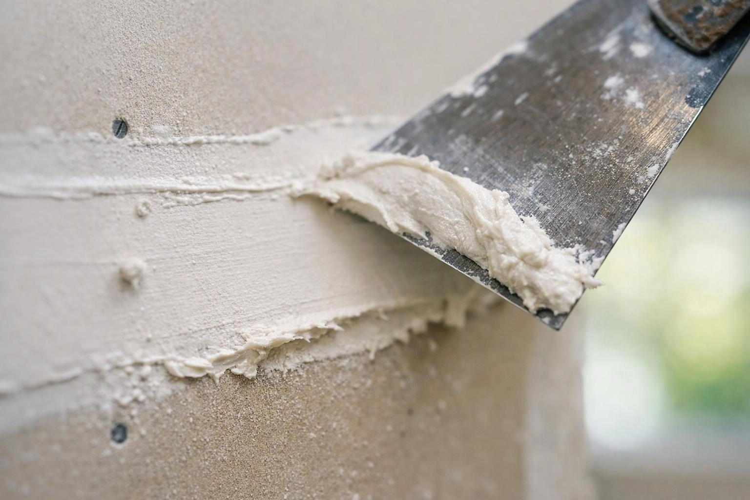 A putty knife spreads white plaster across a rough wall surface indoors