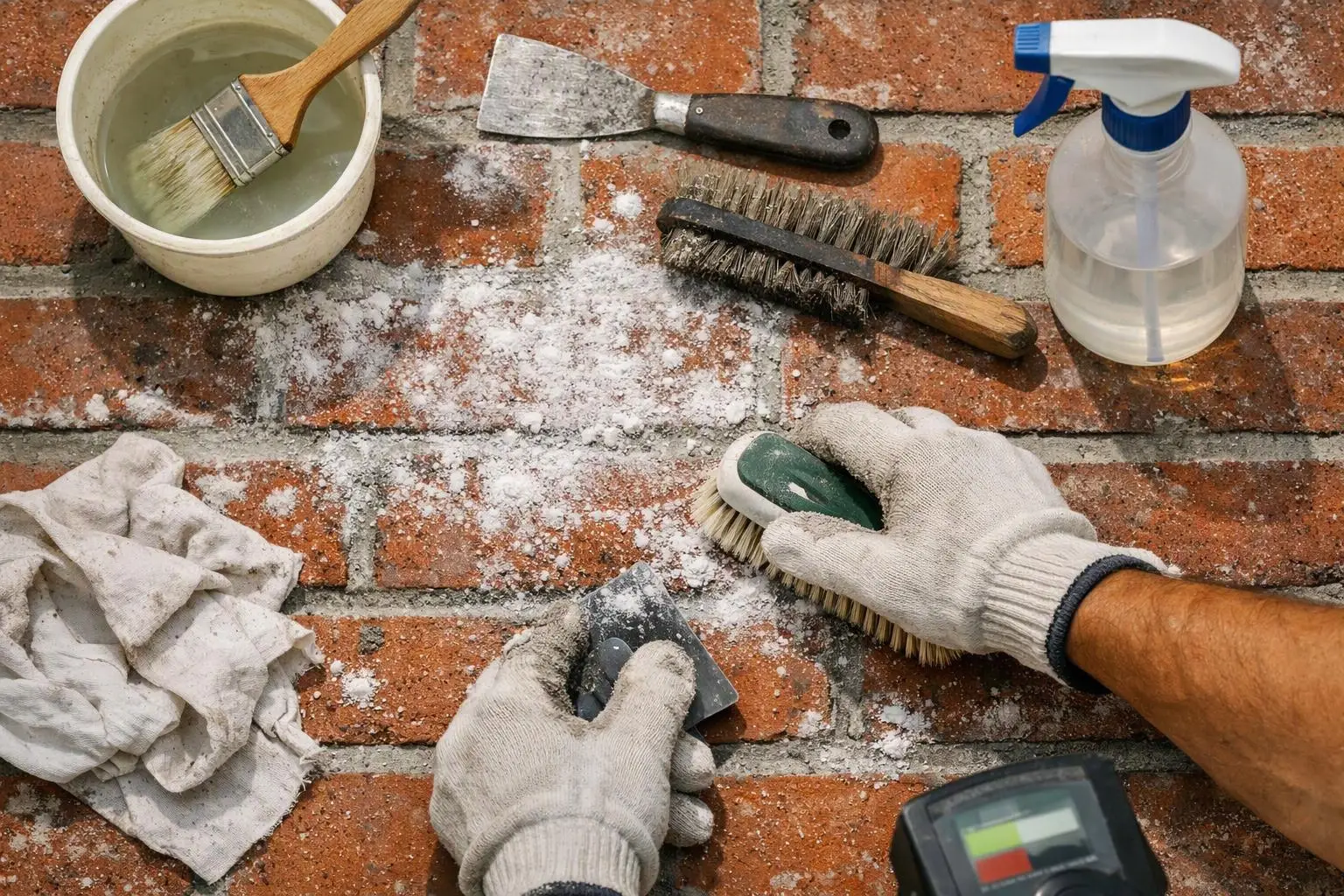 Gloved hands scrape white residue from a brick wall with brushes and a putty knife, with cleaning tools nearby