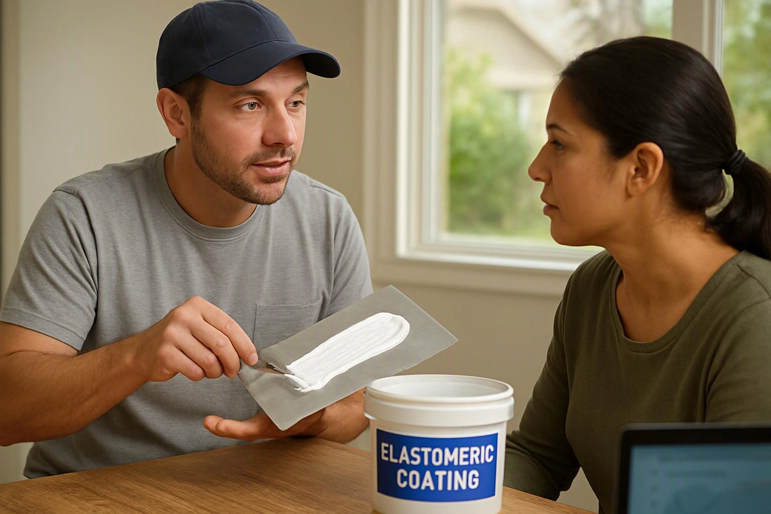 A man spreads white coating on a trowel while talking with a woman beside a labeled bucket at a table