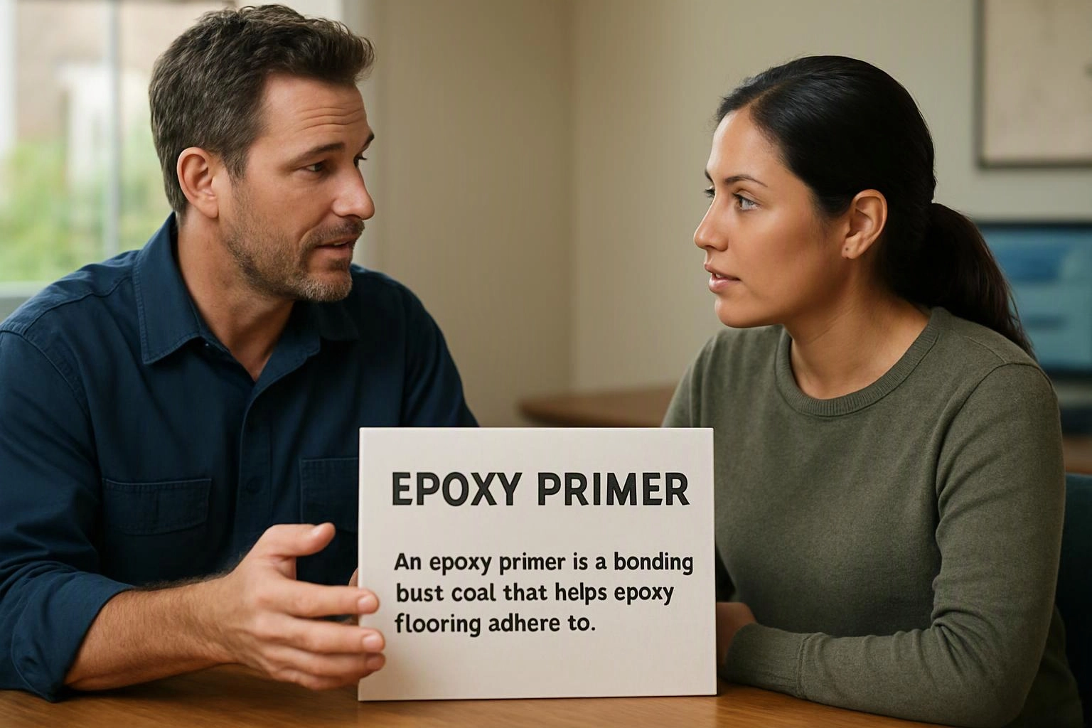 A man and woman discuss a sign reading “EPOXY PRIMER” at a table indoors