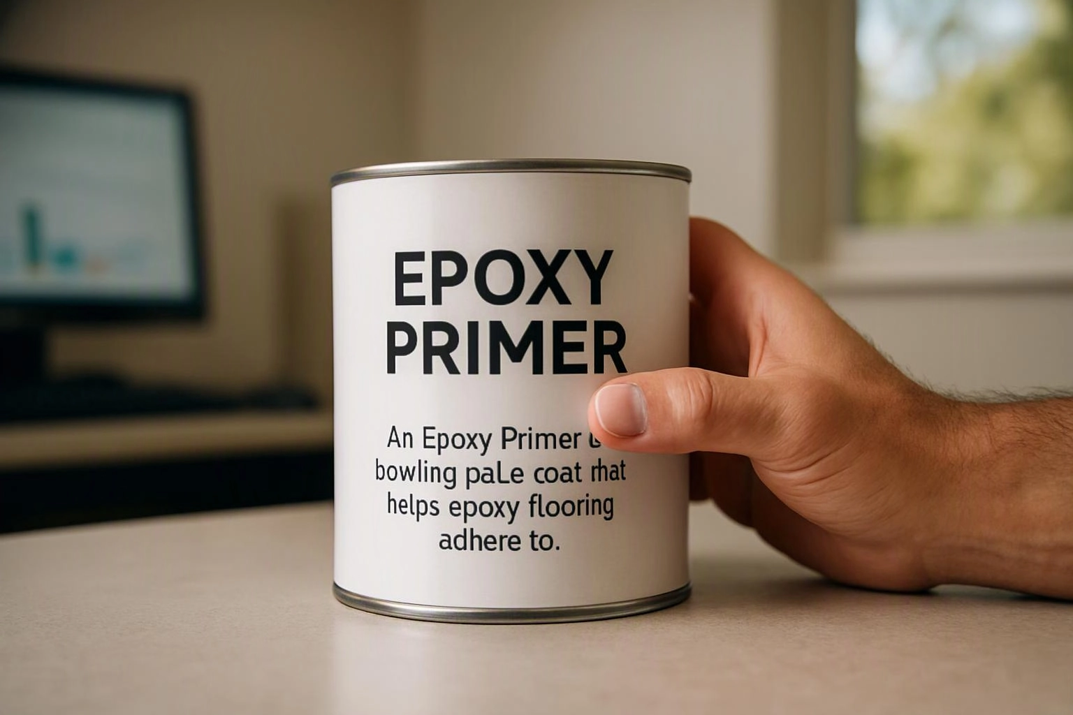 A hand holds a can labeled “EPOXY PRIMER” on a tabletop with a blurred room behind it
