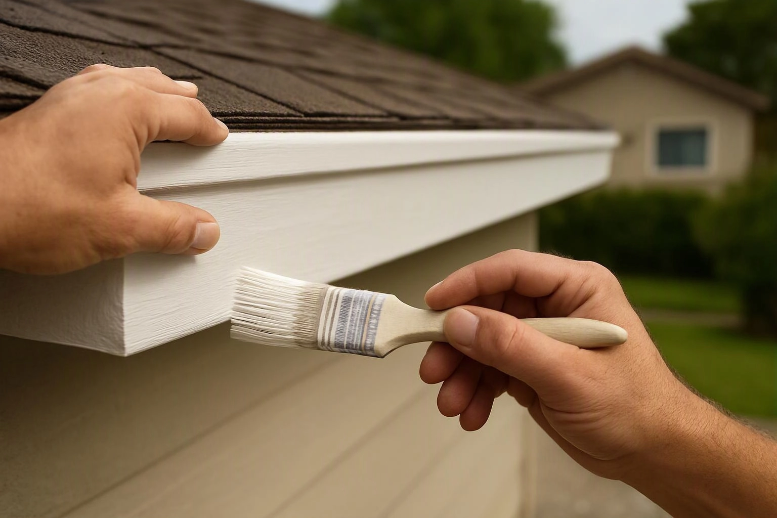 Hands paint a white roof trim on a house exterior with a brush