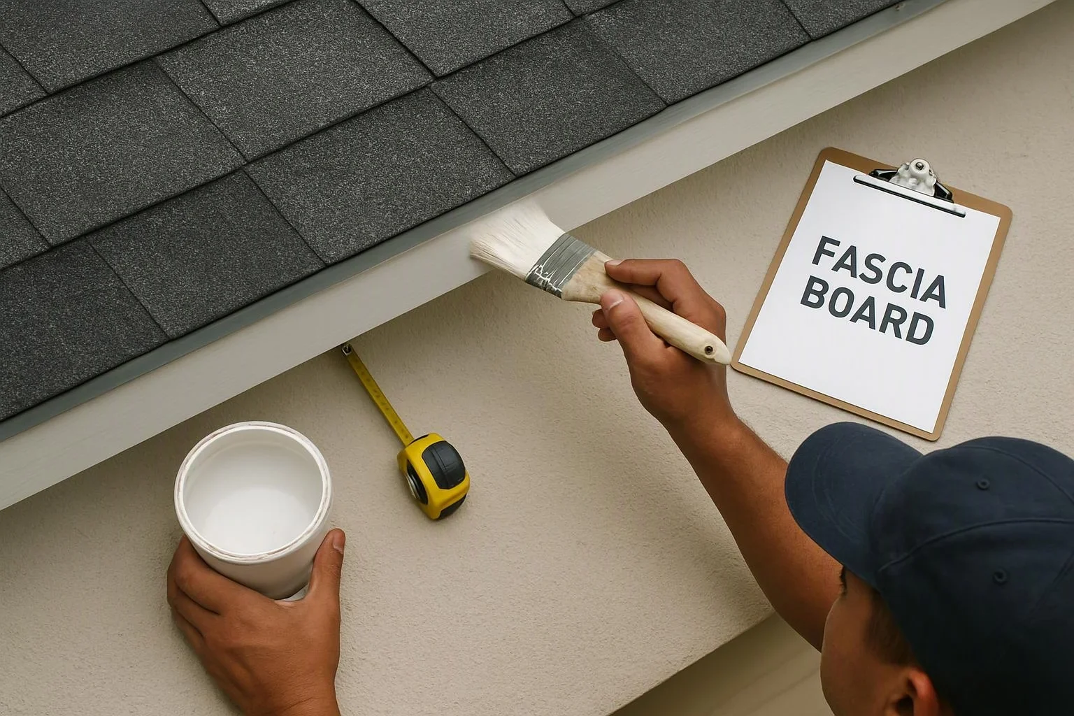 A person paints a house fascia board beside a roof edge, with a paint can, tape measure, and clipboard nearby