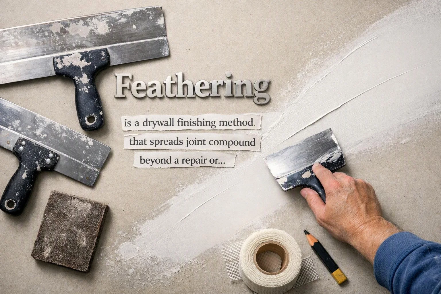 A hand spreads drywall compound with a putty knife beside taped tools and the text “Feathering”
