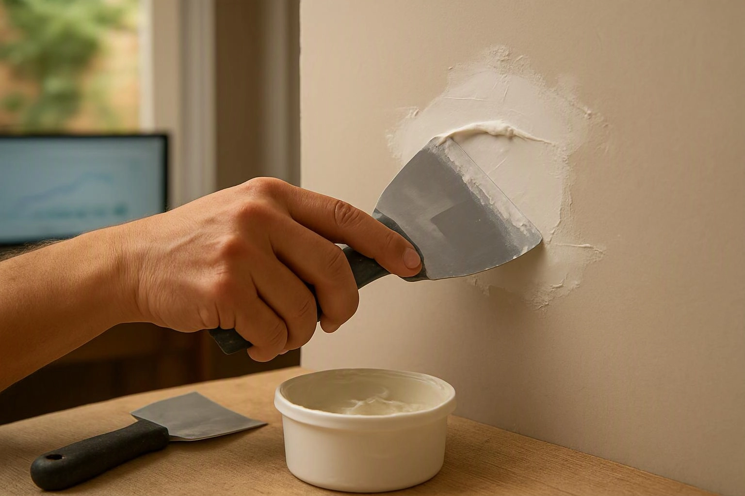 A hand spreads wall putty with a scraper beside a small tub on a wooden table