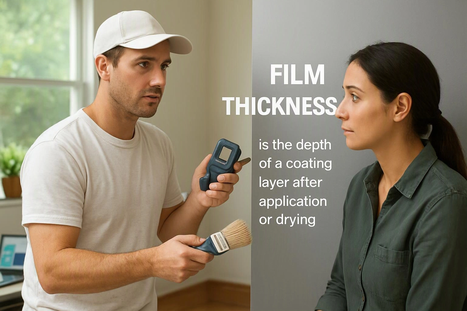 A man holds a paint brush and thickness gauge while facing a woman beside text about film thickness