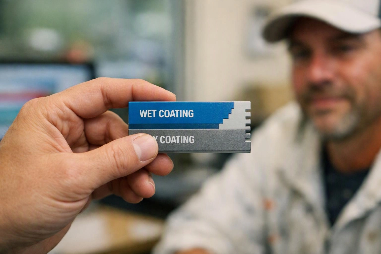 A hand holds two coated samples labeled wet coating and dry coating in front of a blurred man indoors