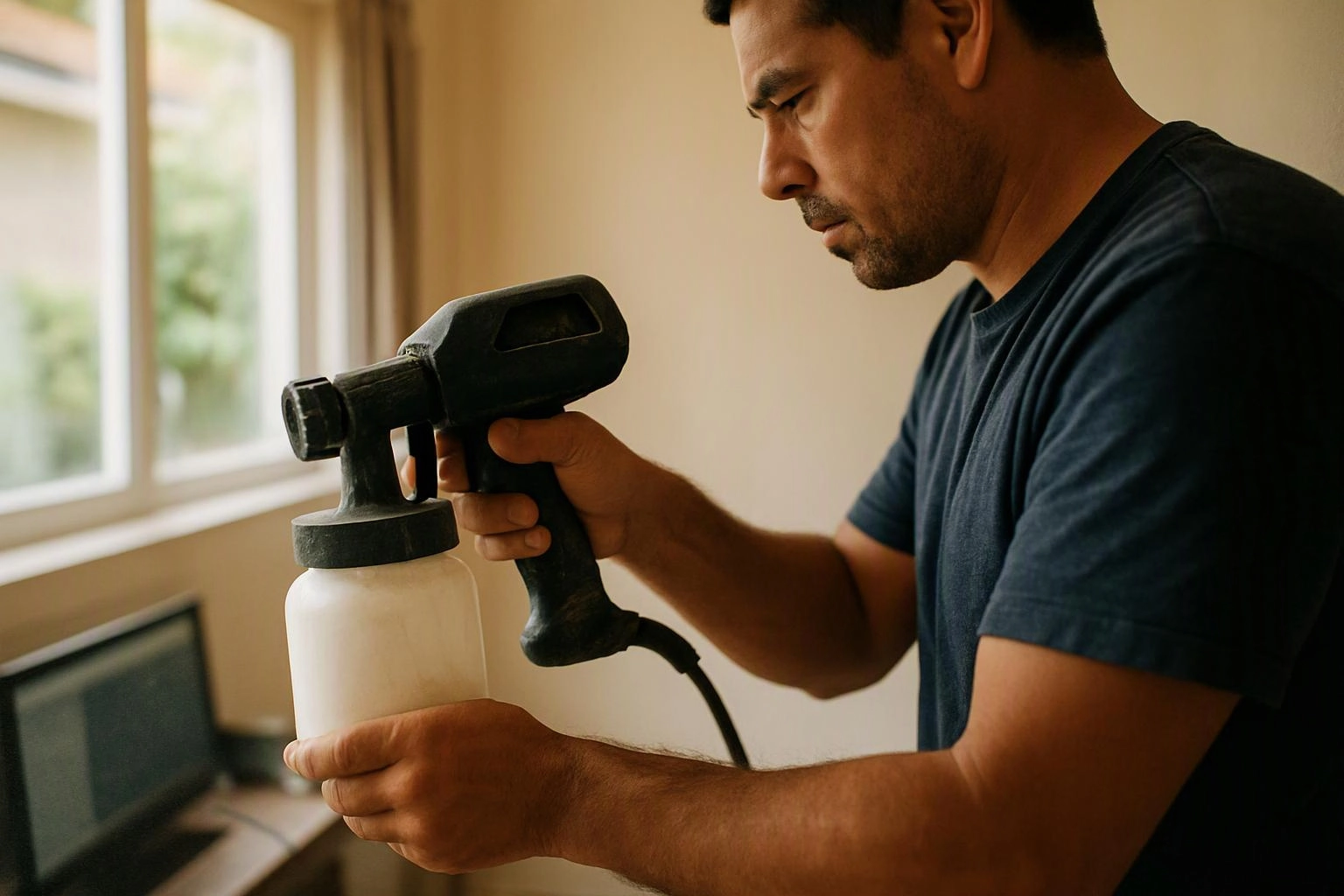 A man in a dark shirt holds a paint sprayer with a white canister inside a sunlit room