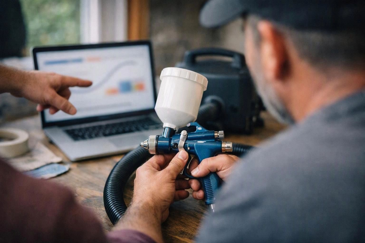 Two men inspect a blue spray gun at a wooden table, with a laptop open behind them
