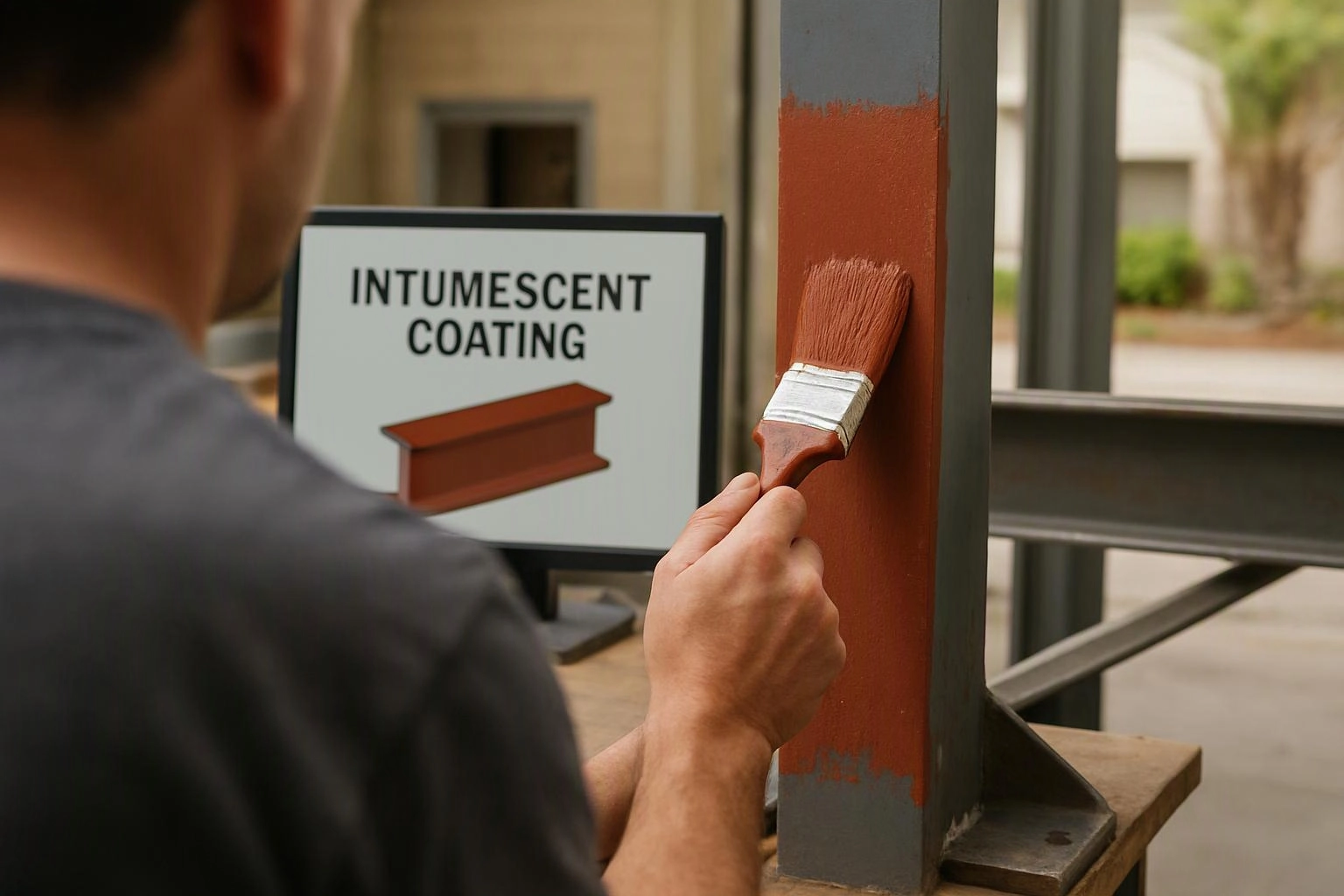 A person paints a steel beam orange beside a sign reading “INTUMESCENT COATING”