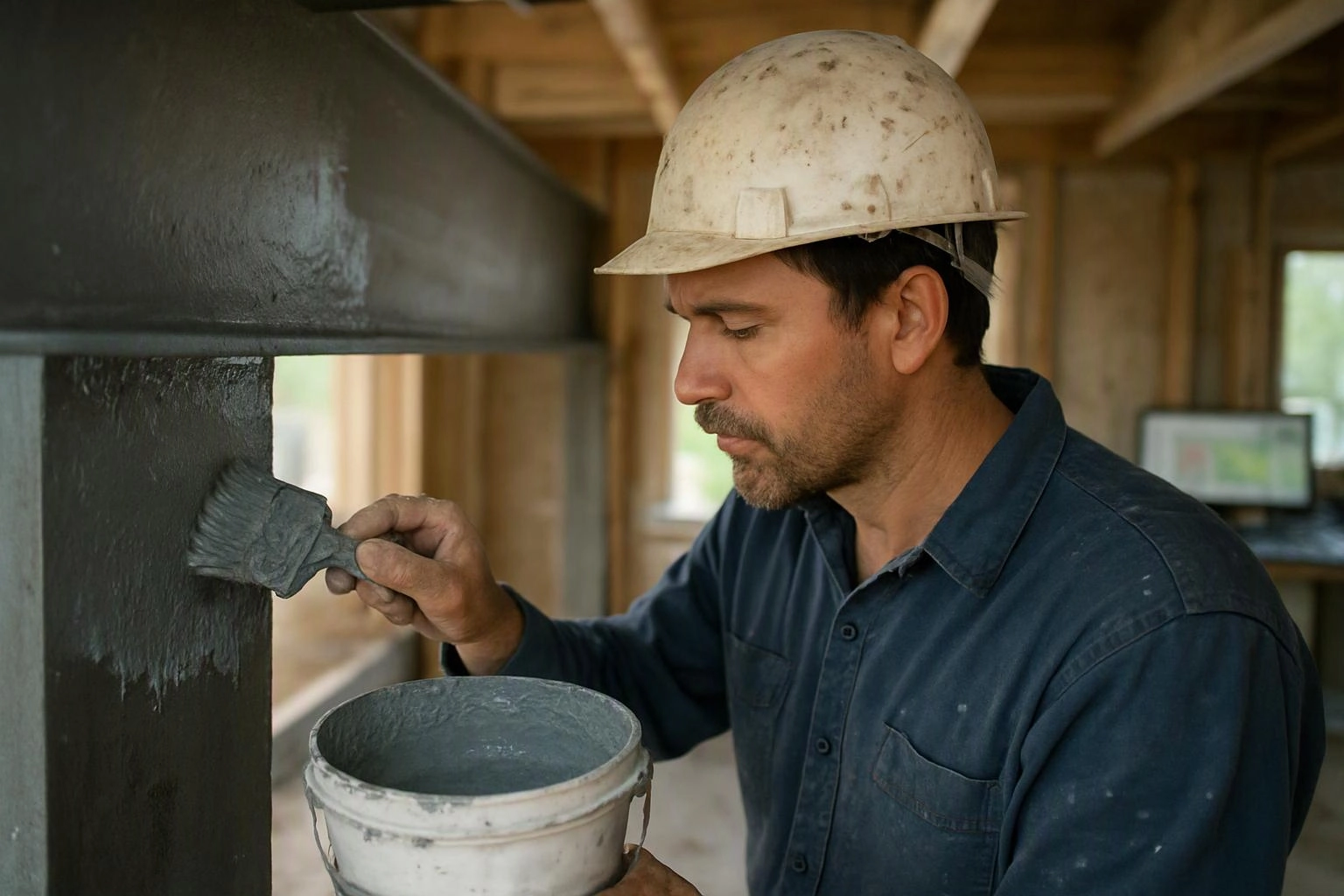 A construction worker in a hard hat paints a dark beam inside a wooden building frame