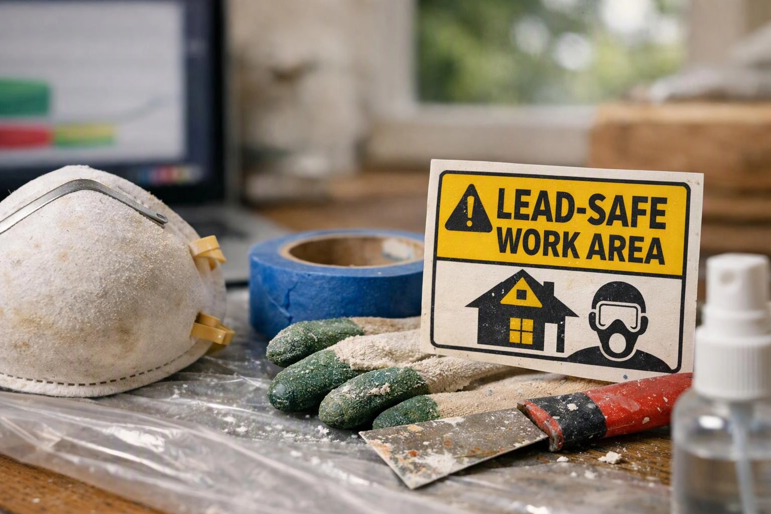 A dusty respirator, gloves, tape, and scraper sit beside a sign reading "LEAD-SAFE WORK AREA"