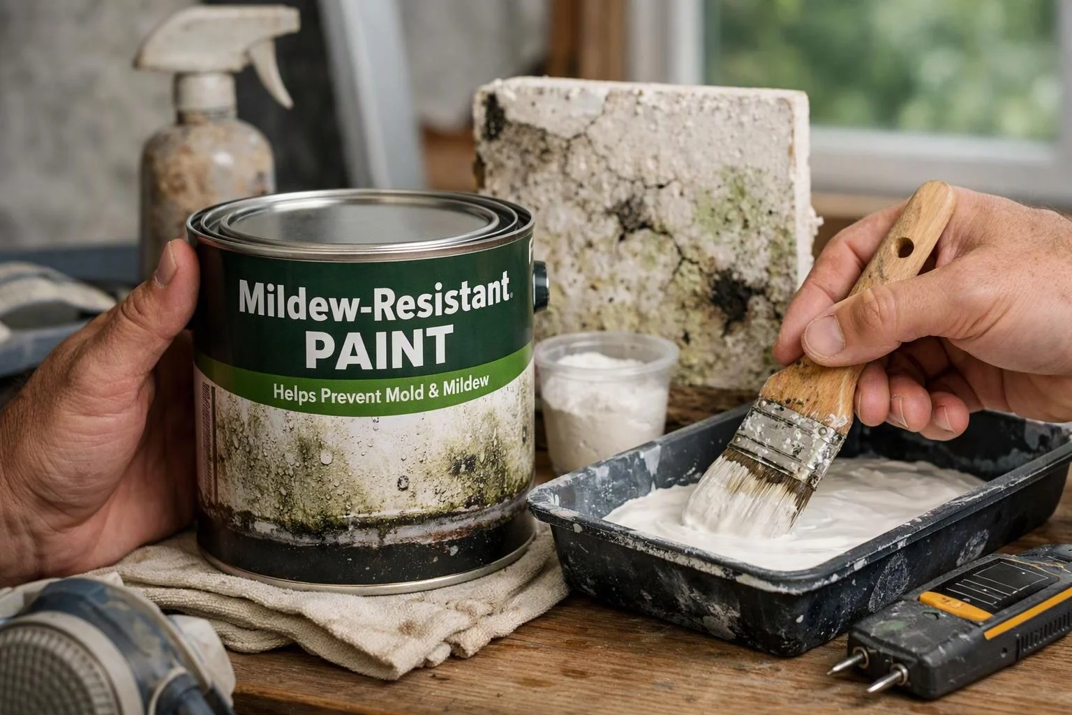 Hands hold mildew-resistant paint and a brush over a tray beside a moldy wall sample on a workbench
