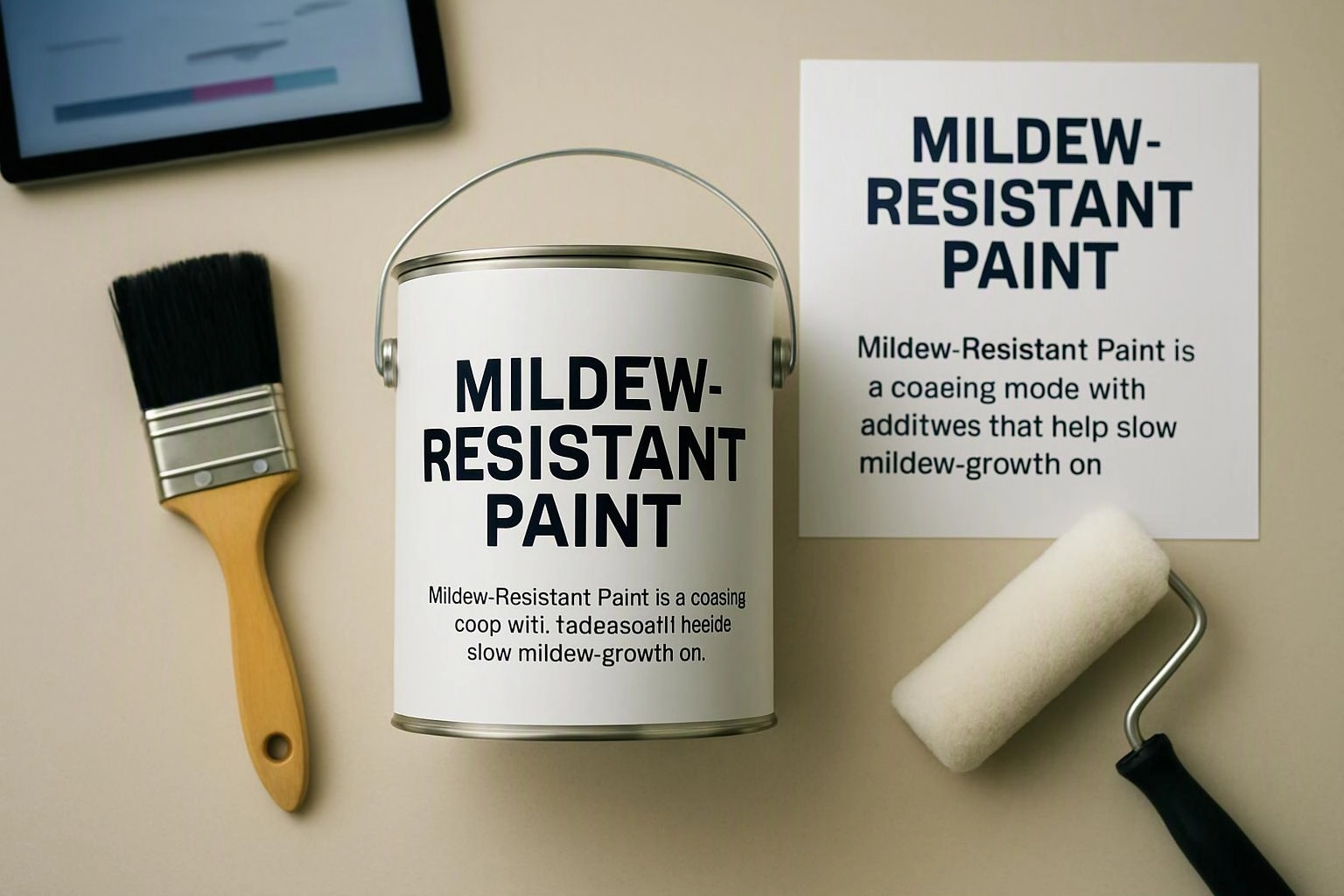 A paint can, brush, roller, and info card display mildew-resistant paint on a beige surface