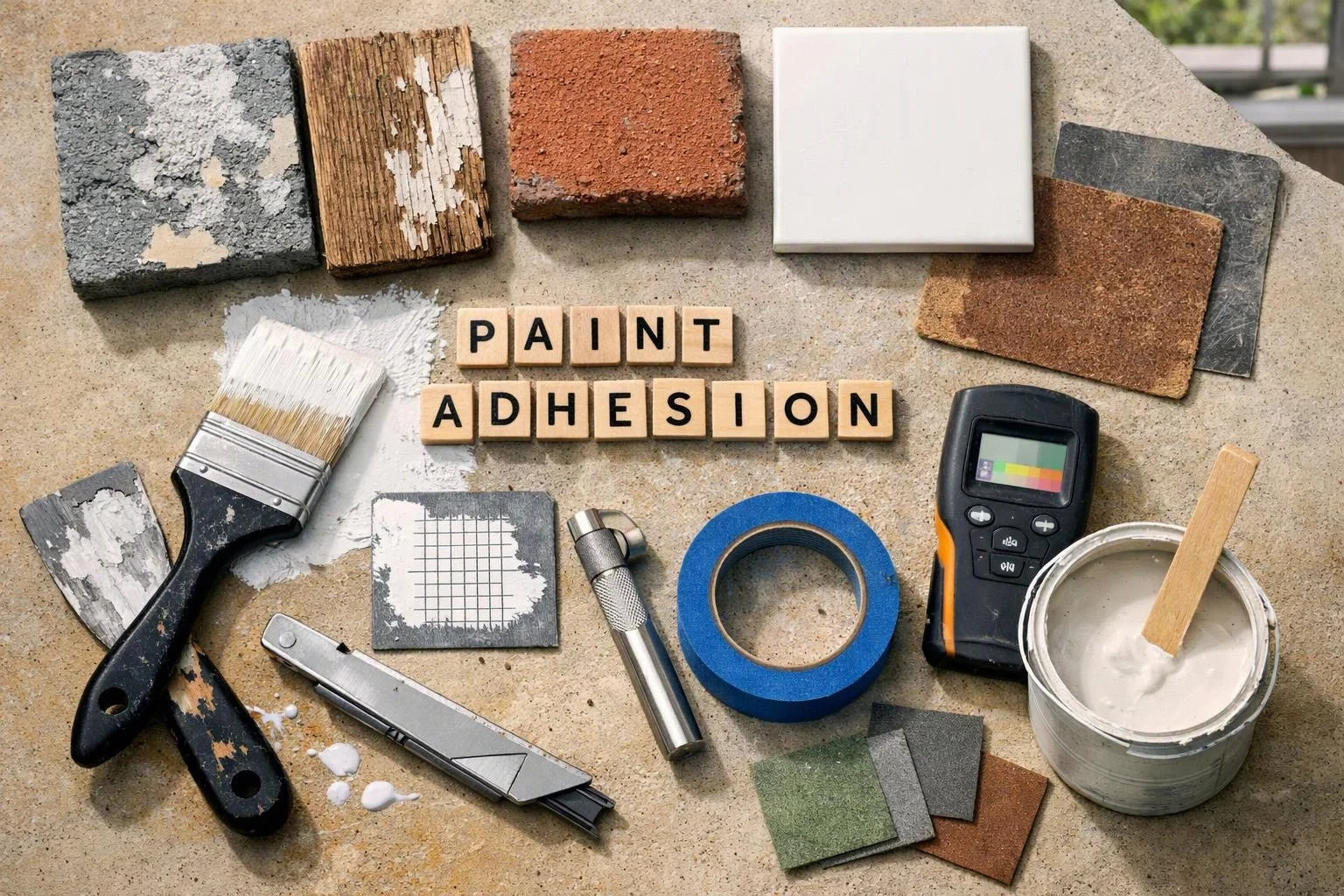 Paint samples, tools, and a tape roll surround wooden tiles spelling “PAINT ADHESION” on a work surface