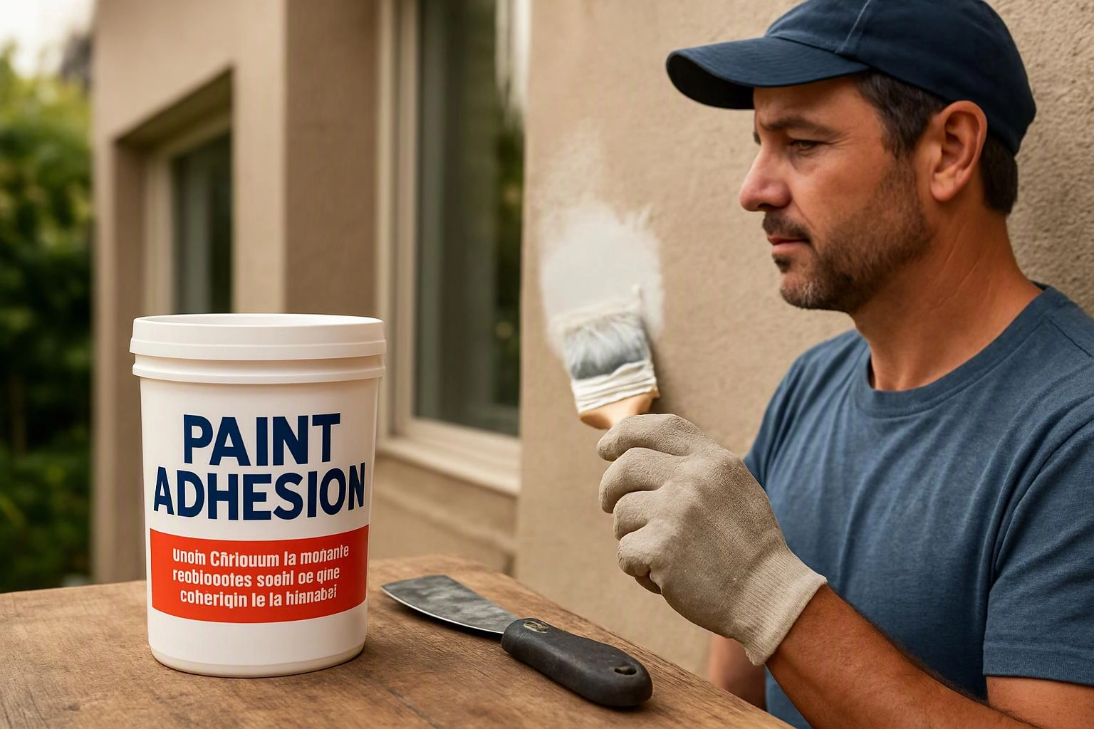 A man in gloves paints a wall outdoors beside a bucket labeled PAINT ADHESION and a putty knife