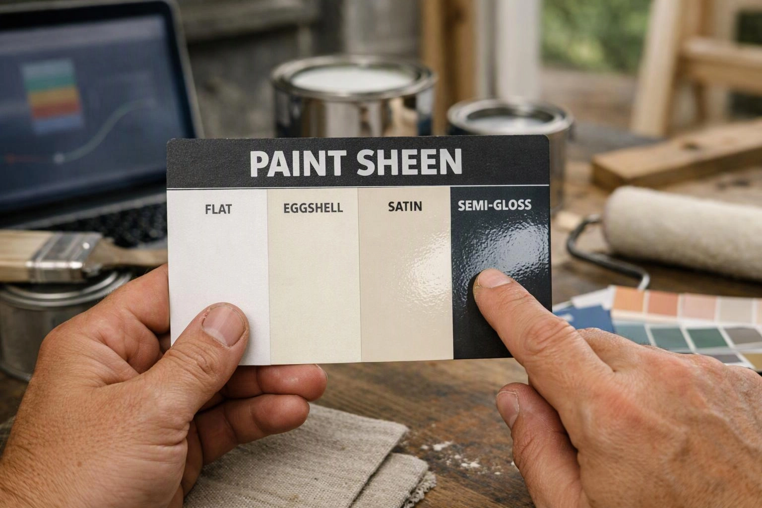 Hands compare a paint sheen sample card labeled flat, eggshell, satin, and semi-gloss on a worktable